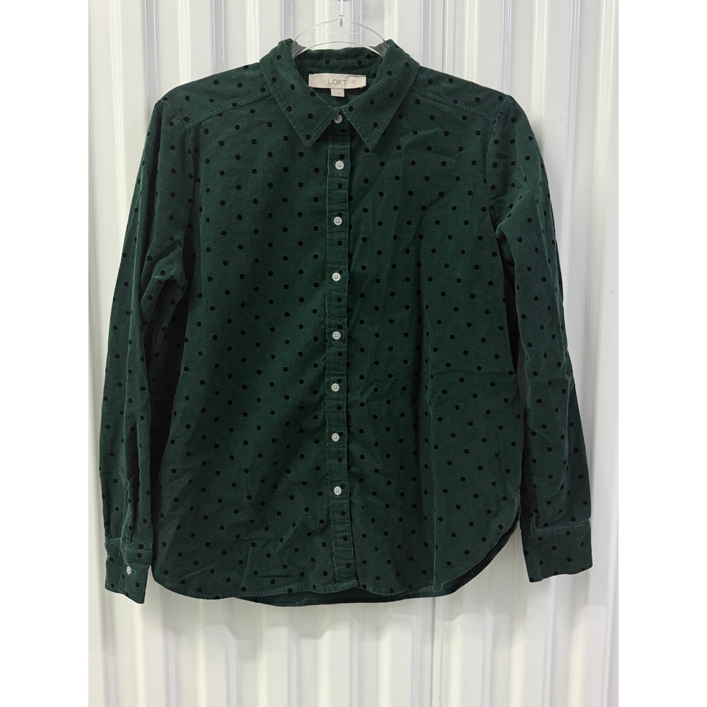 LOFT Corduroy Shirt Women Small Green Excellent Polka Dot Button Down Shirt